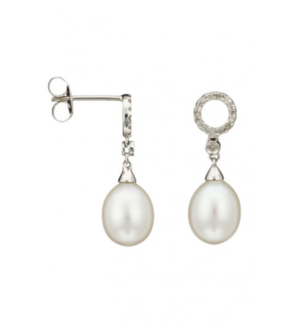 B.O Jolies Perles Or Blanc et Diamant 0,12ct Perle